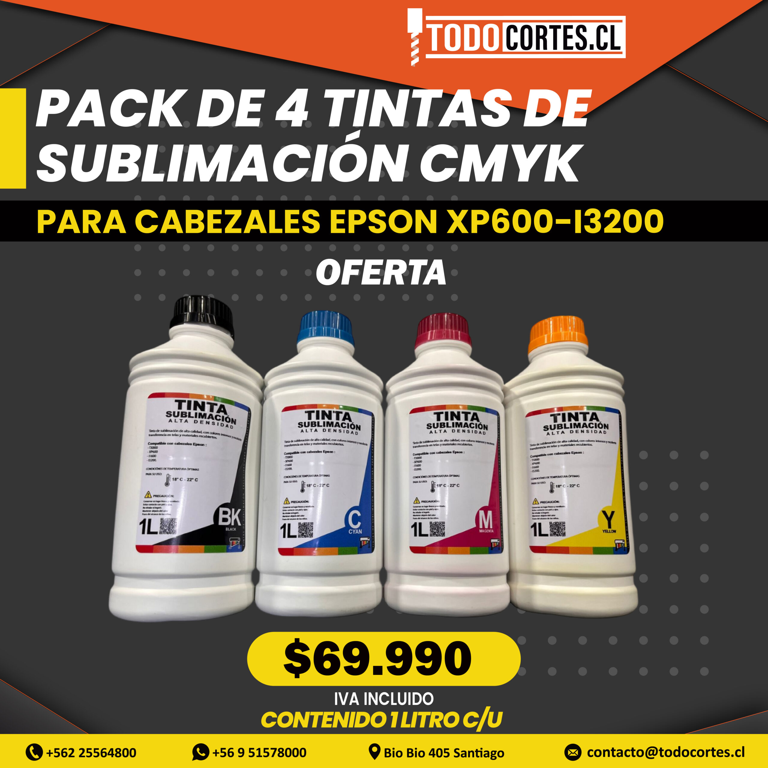 PACK 4 TINTAS SUBLIMACION 1LT 1000 ML PARA CABEZALES EPSON XP600/I1600/I3200