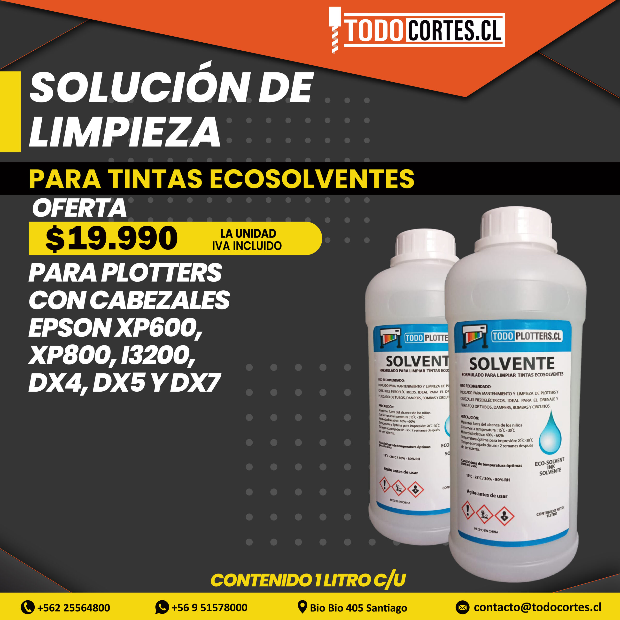 SOLUCION DE LIMPIEZA PARA TINTA ECOSOLVENTE CABEZALES EPSON XP600, XP800, I1600, I3200, DX4, DX5 Y DX7