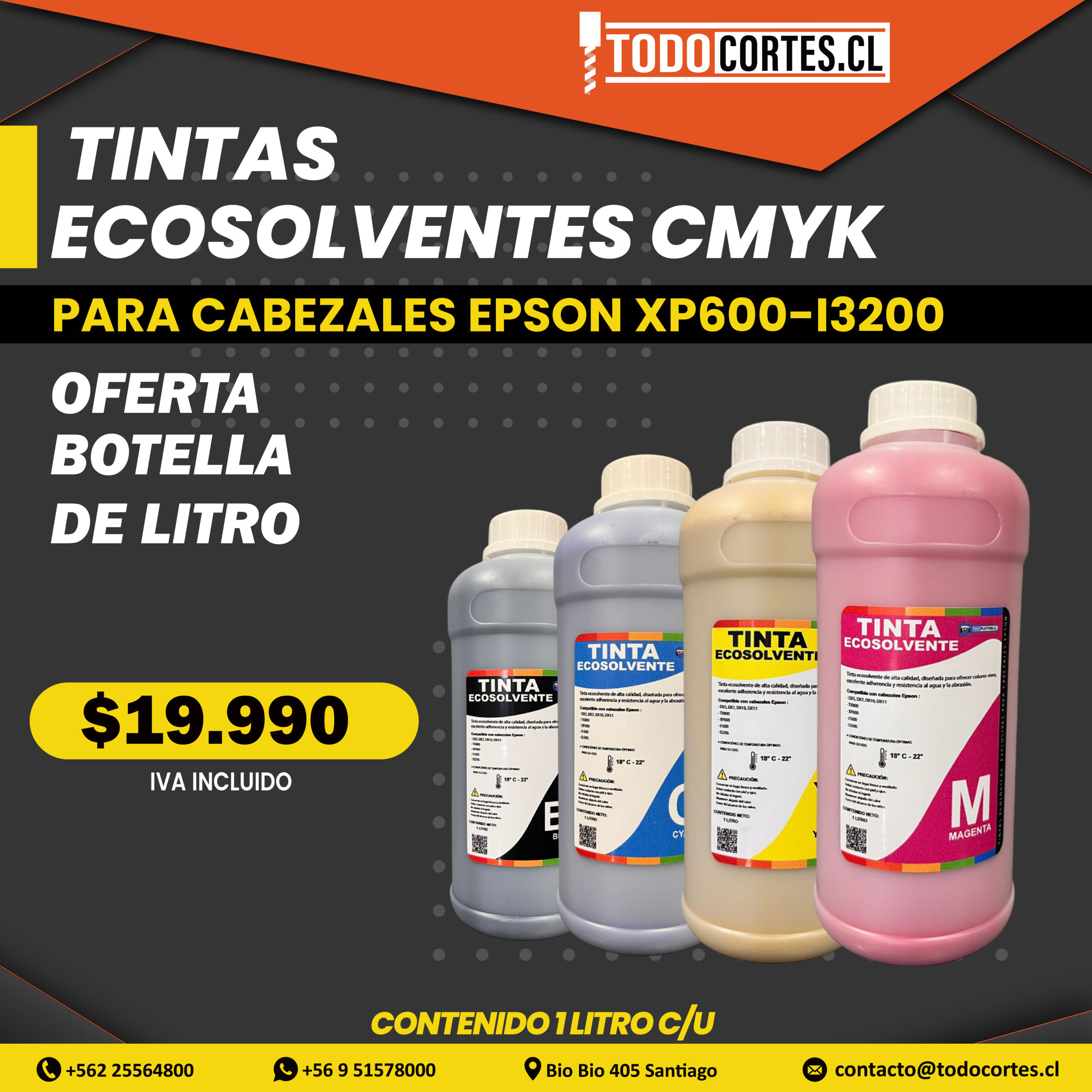 TINTA ECOSOLVENTE 1LT 1000 ML PARA CABEZALES EPSON XP600/I3200