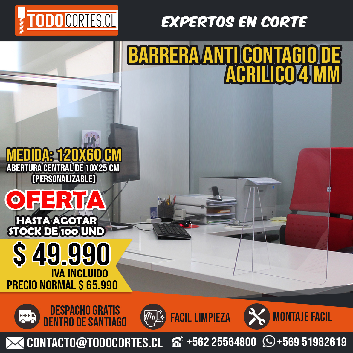 Mampara Protectora De Acrílico Para Mesón Atención A Público 120 Cms. X 60 Cms.