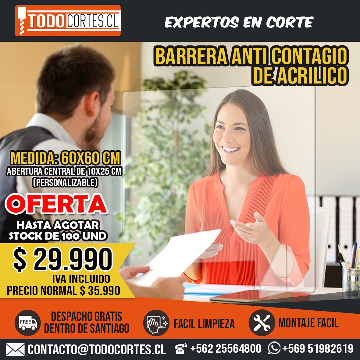 Mampara Protectora De Acrílico Para Mesón Atención A Público 60 Cms. X 60 Cms.