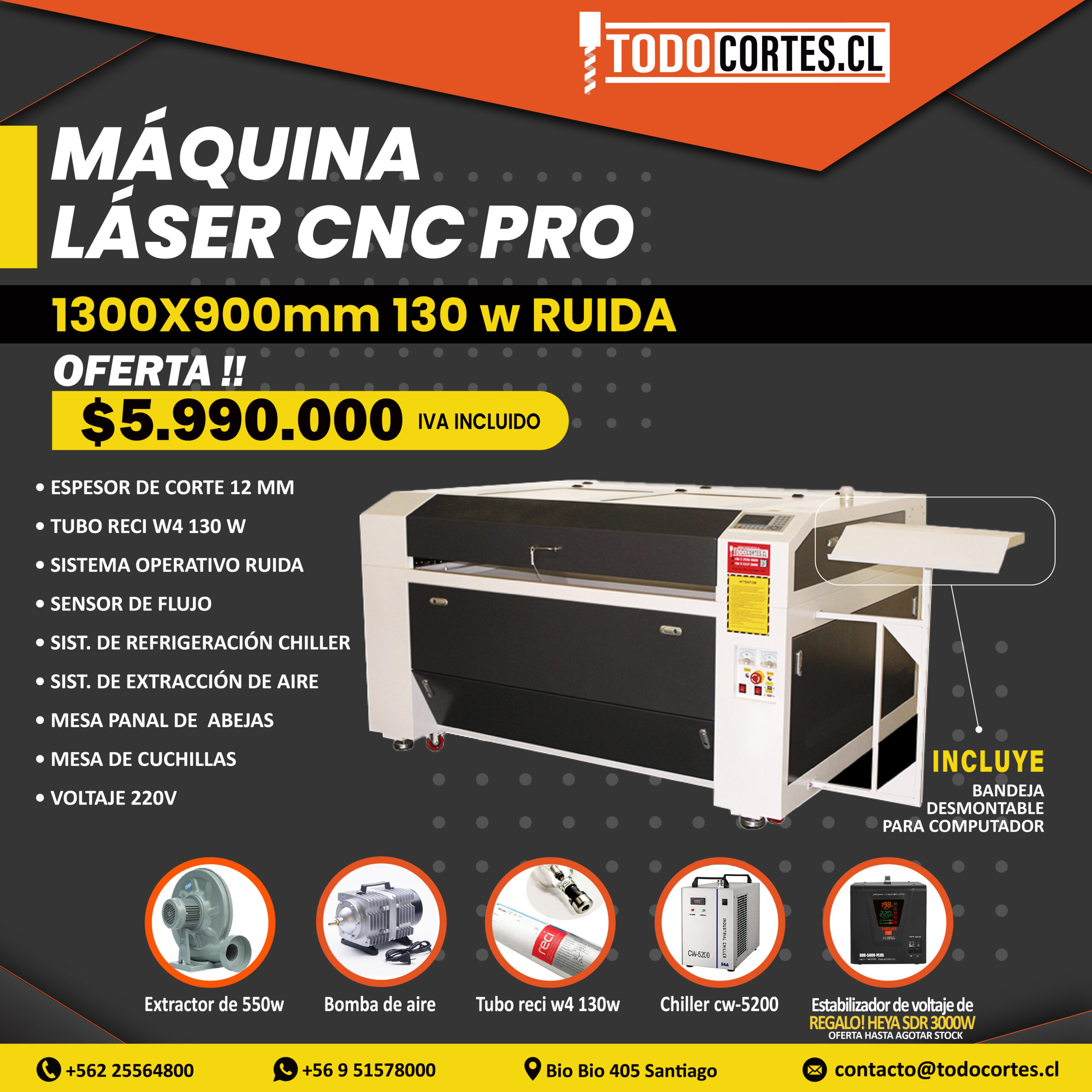 MAQUINA LÁSER CNC PARA CORTE Y GRABADO 1300 X 900MM 130W LINEA PRO