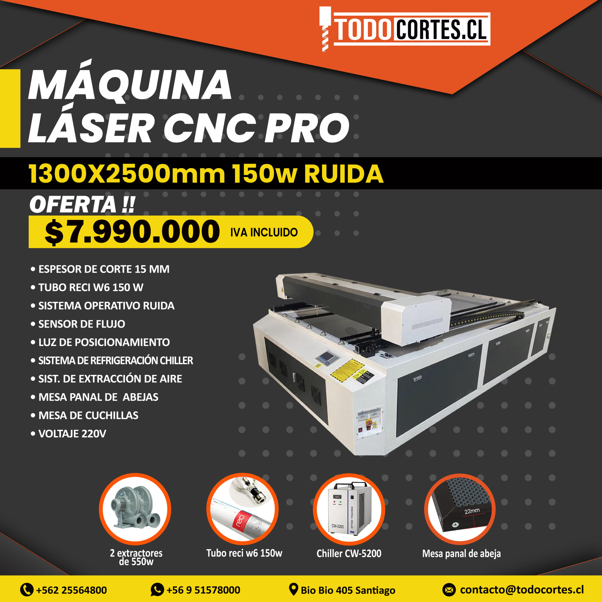 MAQUINA LÁSER CNC PARA CORTE 1300 X 2500MM 150W