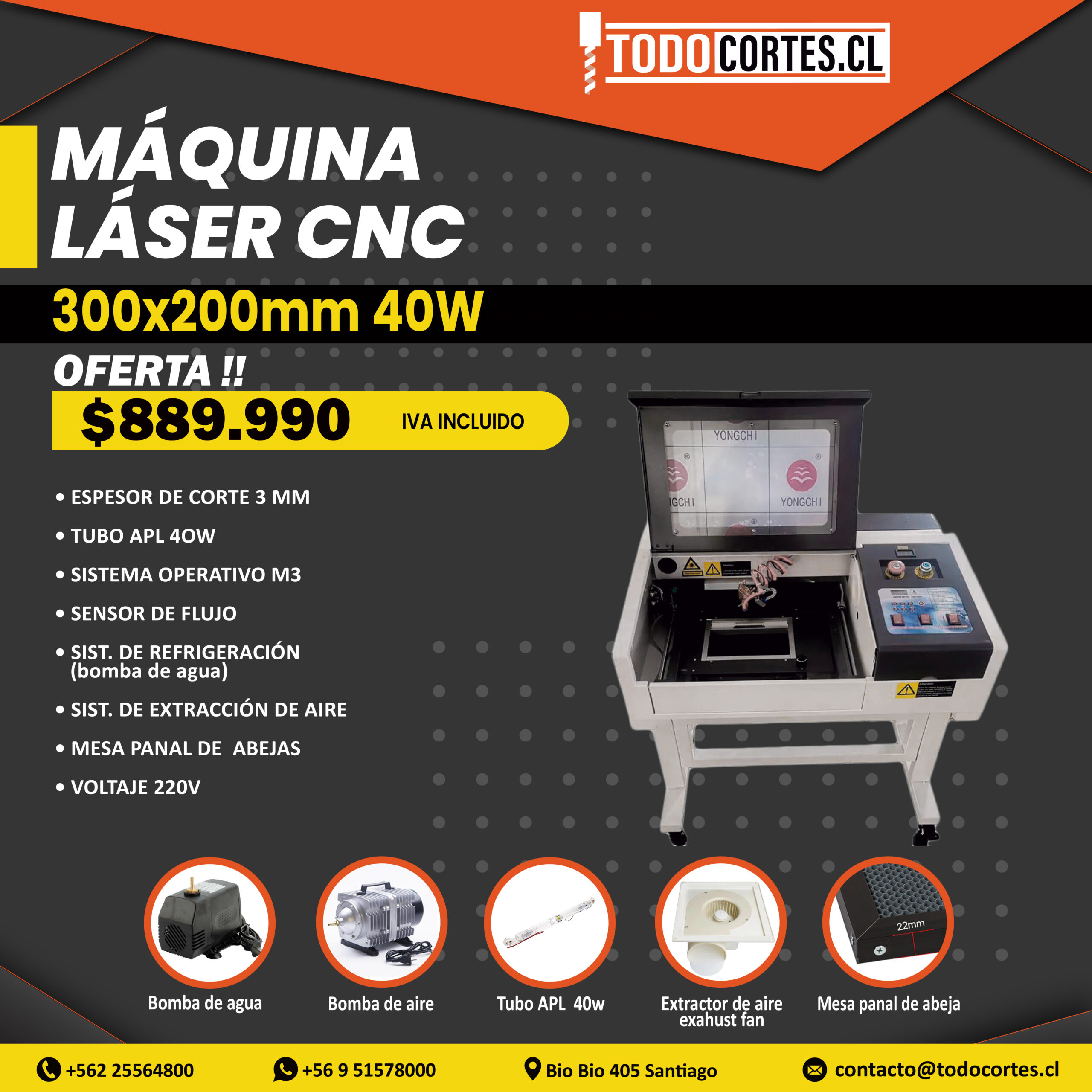 MAQUINA DE CORTE Y GRABADO LÁSER CNC 300X200MM 40W Y BASE CON RUEDAS