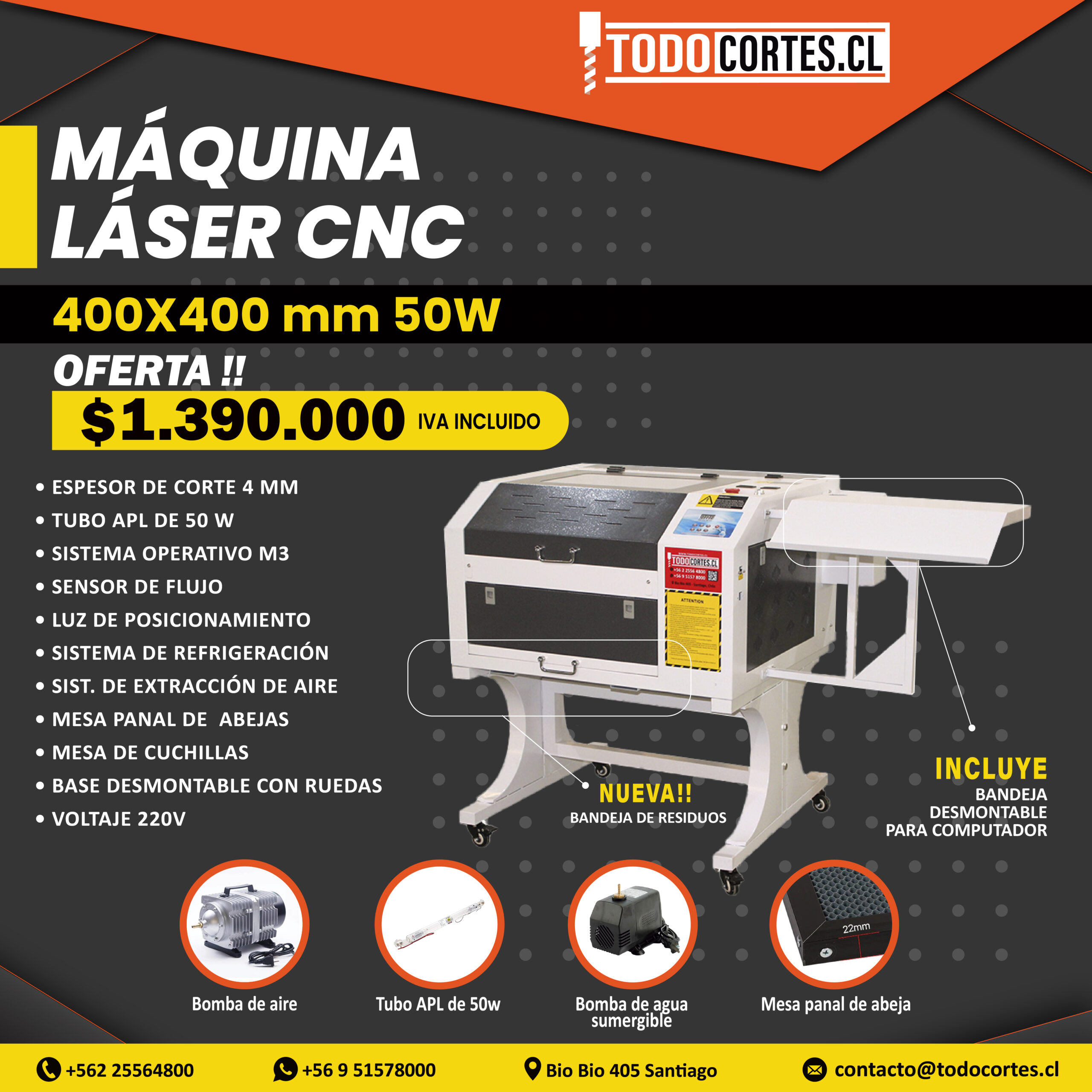 MAQUINA DE CORTE Y GRABADO LÁSER CNC 400X400MM 50W CON SISTEMA M3