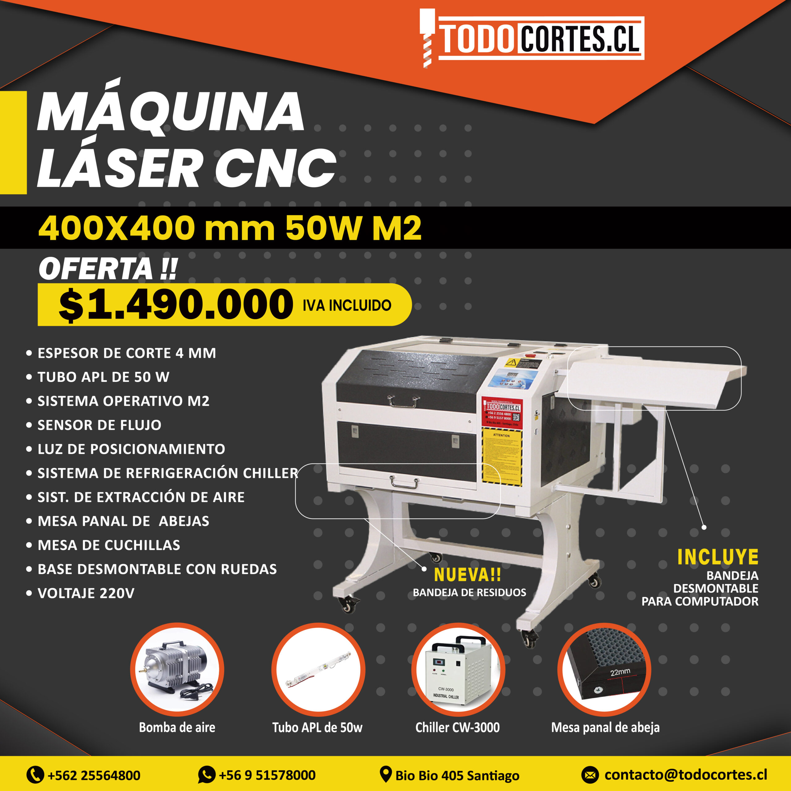 MAQUINA DE CORTE Y GRABADO LÁSER CNC 400X400MM 50W CON SISTEMA M3 Y CHILLER 3000