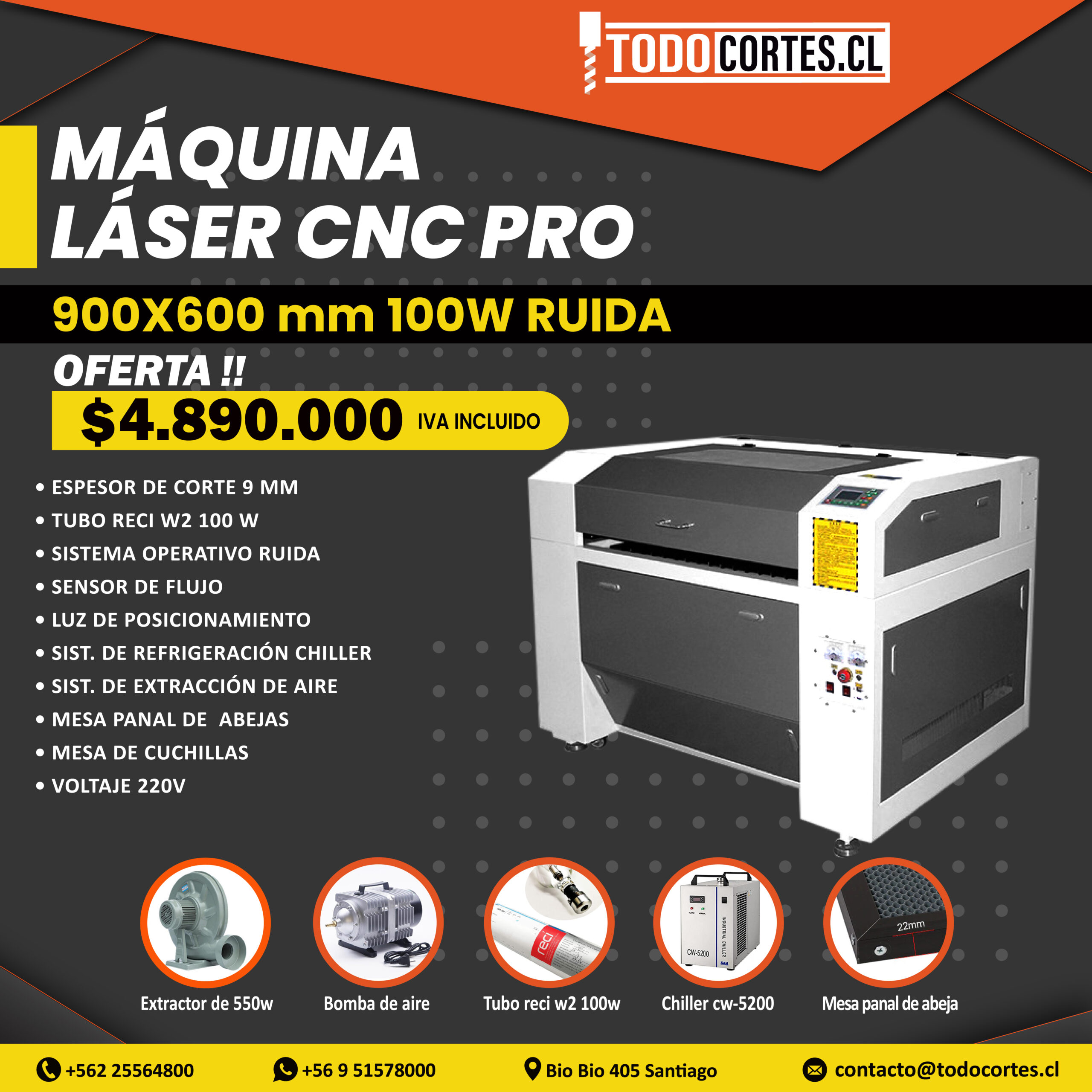 MAQUINA LÁSER CNC PARA CORTE Y GRABADO 900 X 600MM 100W LINEA PRO