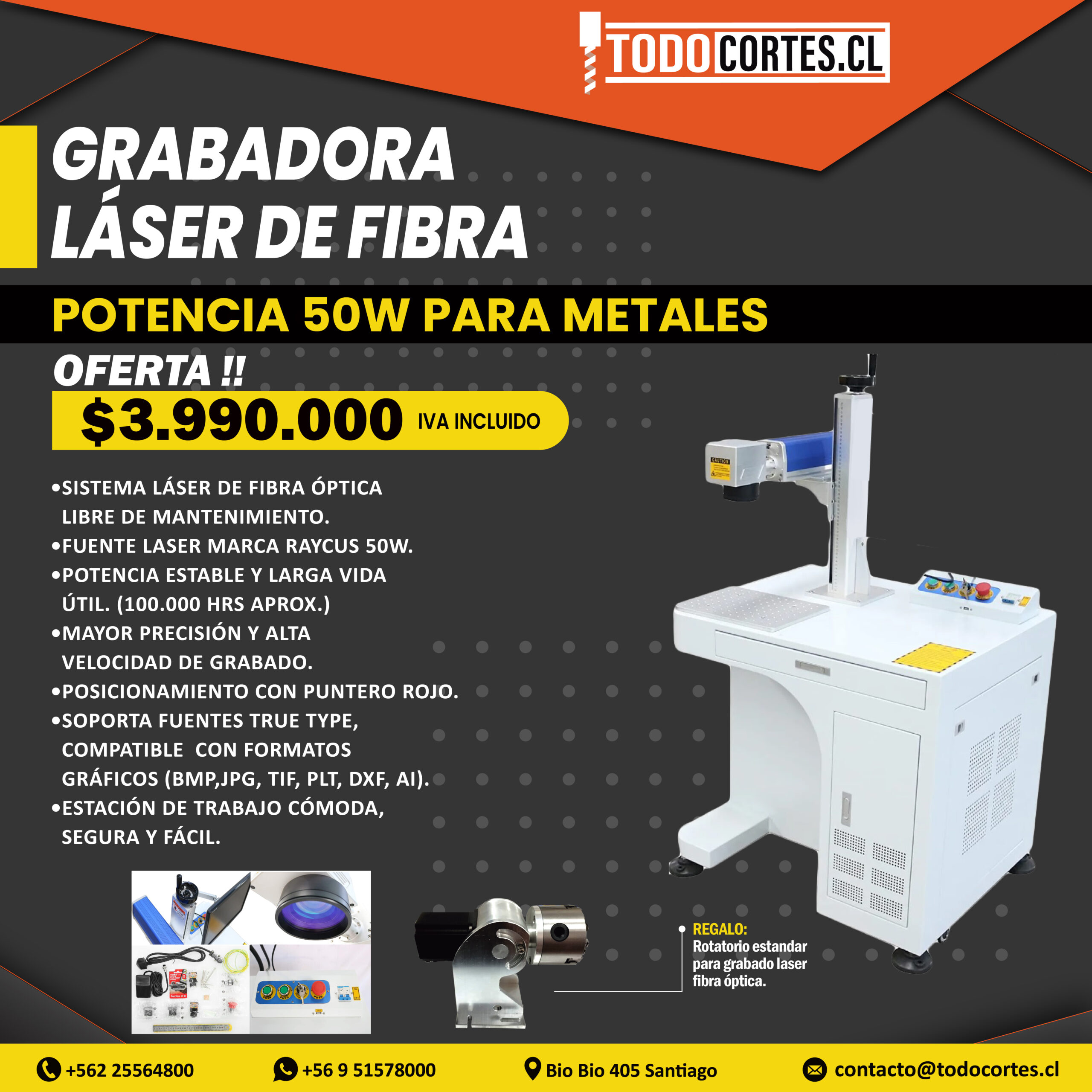 GRABADORA LÁSER DE FIBRA POTENCIA 50W PARA METALES