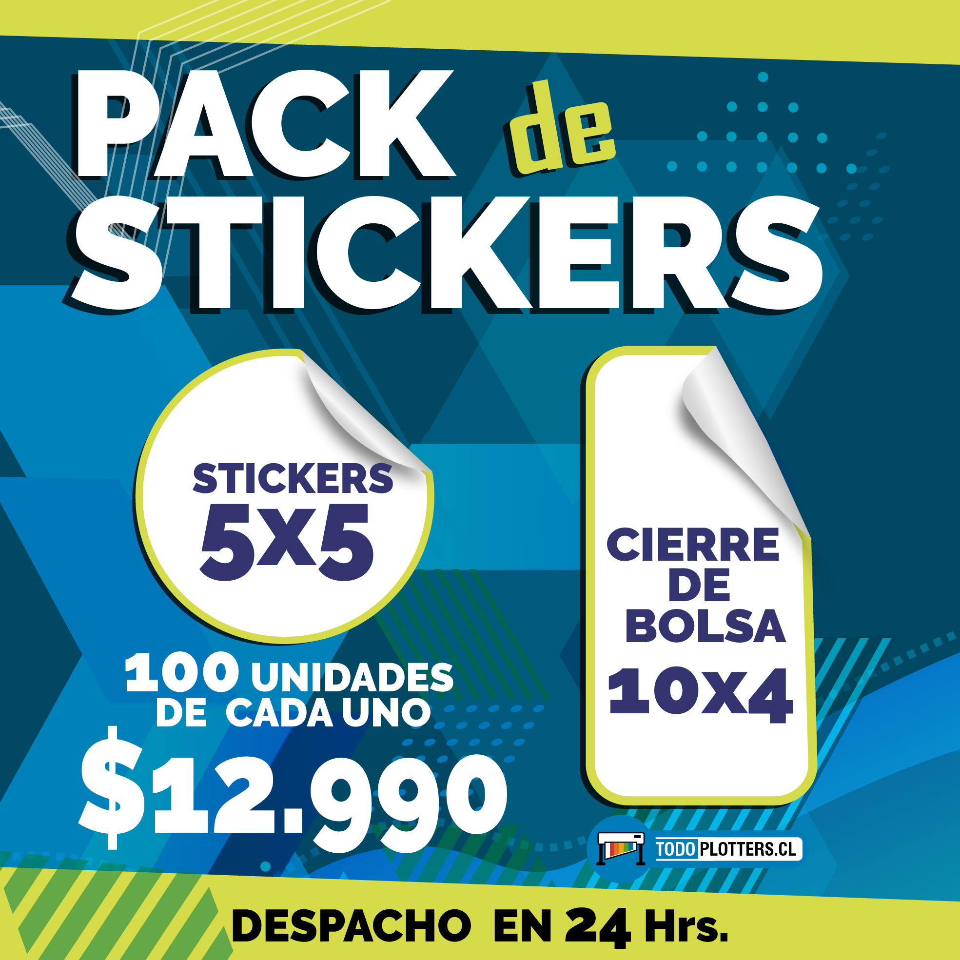 PACK STICKERS 5X5 Y CIERRE DE BOLSA 10X4 100 UNIDADES DE C/U