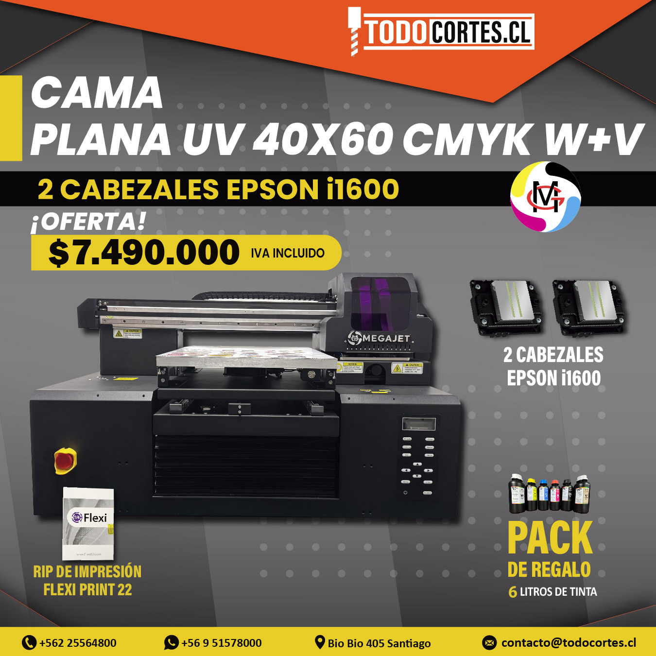 PLOTTER CAMA PLANA UV MEGAJET DE 40X60CMS CON 2 CABEZALES i1600 CMYK + W + V