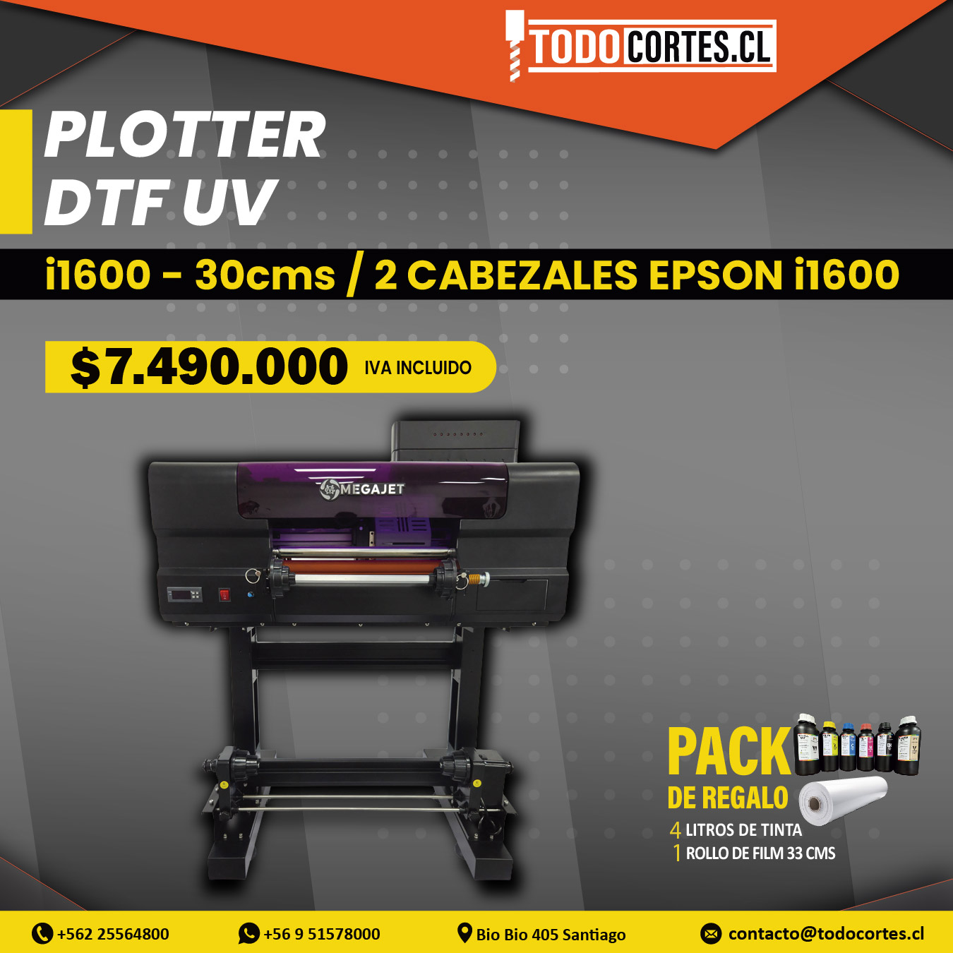 PLOTTER DTF UV MEGAJET DE 30CMS DE ANCHO CON 2 CABEZALES i1600 CMYK + W + V