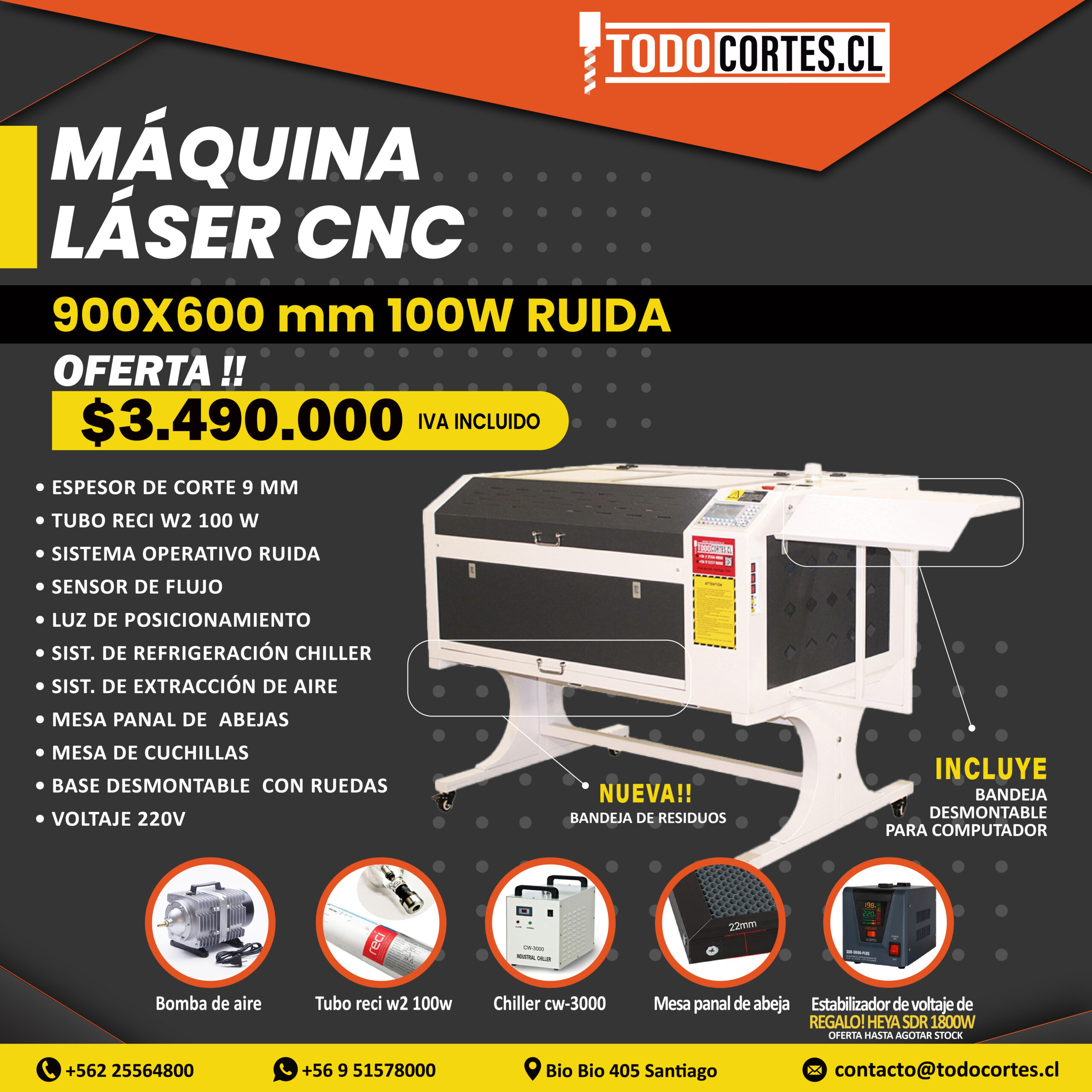 MAQUINA DE CORTE Y GRABADO LÁSER CNC 900X600MM RECI W2 100W