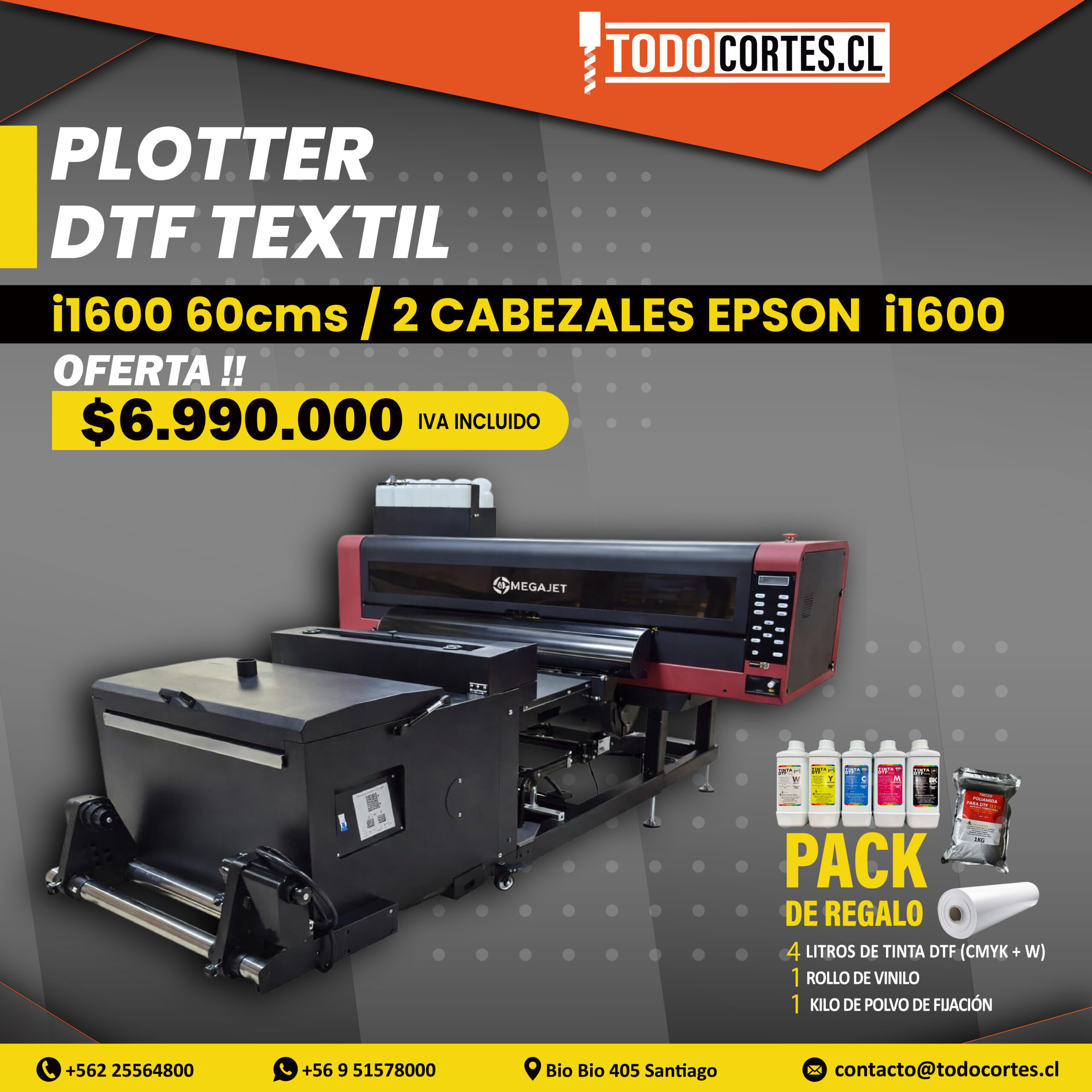 PLOTTER DTF TEXTIL DE 60CMS DE ANCHO CON 2 CABEZALES i1600