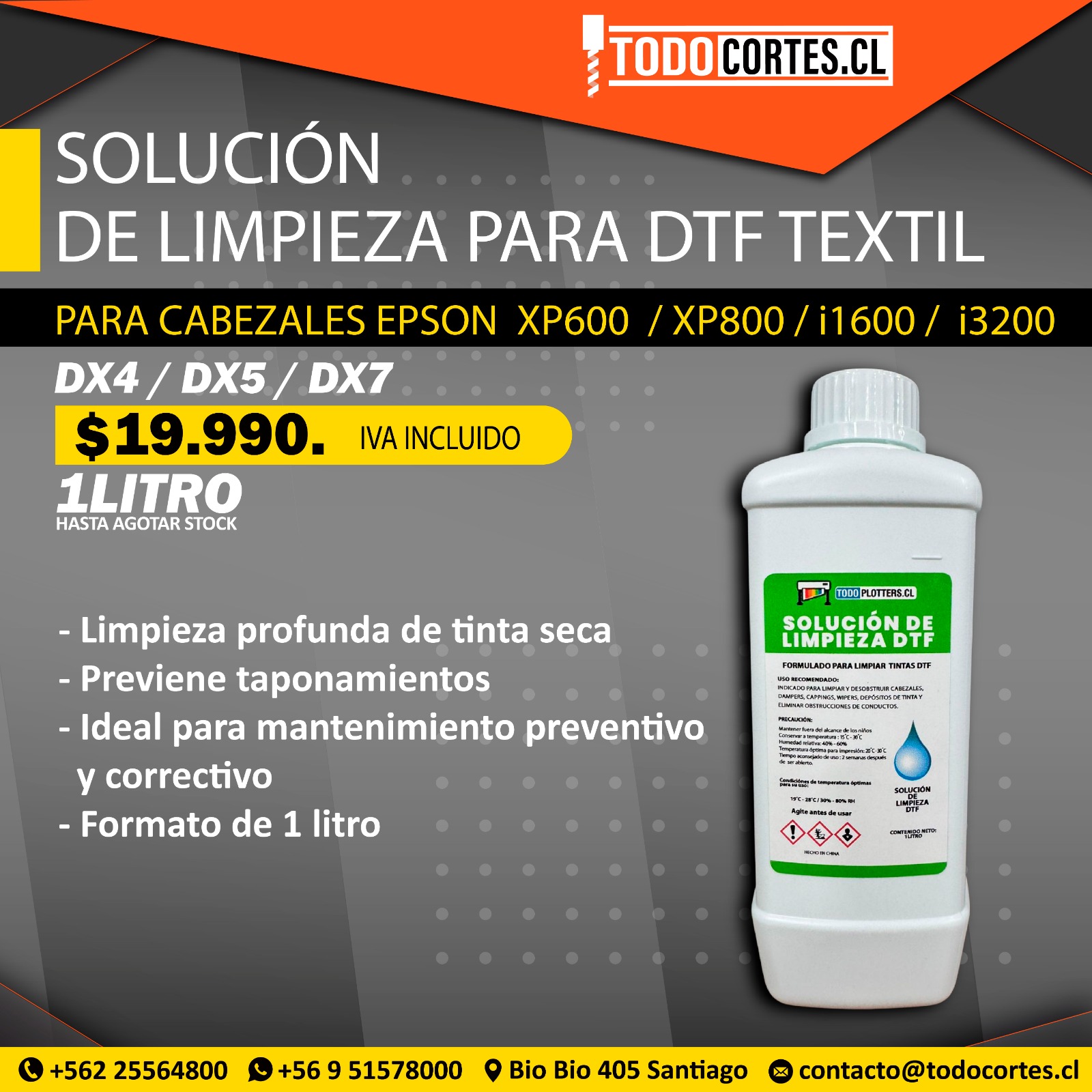 SOLUCION DE LIMPIEZA PARA TINTA DTF TEXTIL CON CABEZALES EPSON XP600, XP800, I1600, I3200, DX4, DX5 Y DX7
