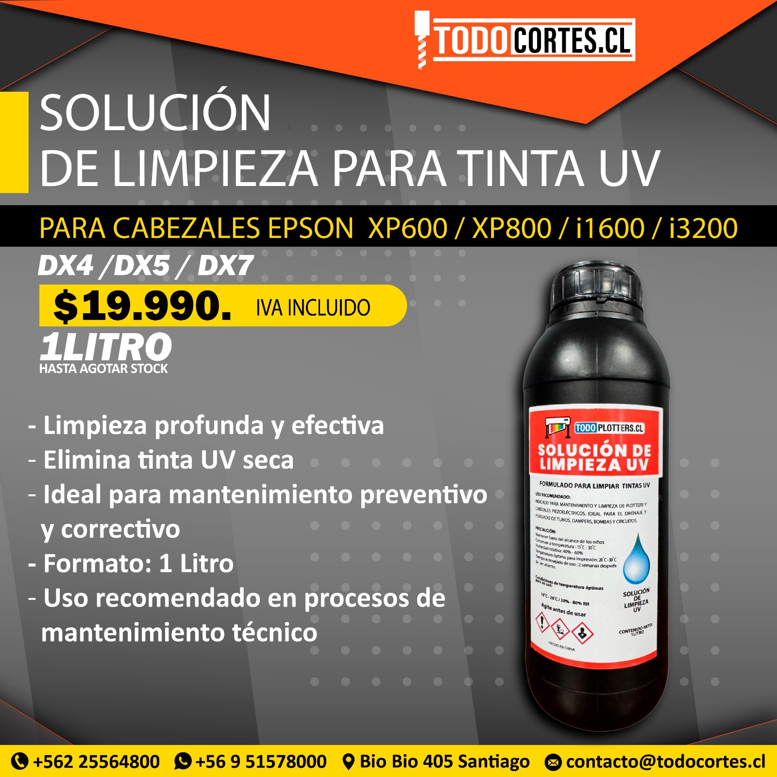 SOLUCION DE LIMPIEZA PARA TINTA UV CABEZALES EPSON XP600, XP800, I1600, I3200, DX4, DX5 Y DX7