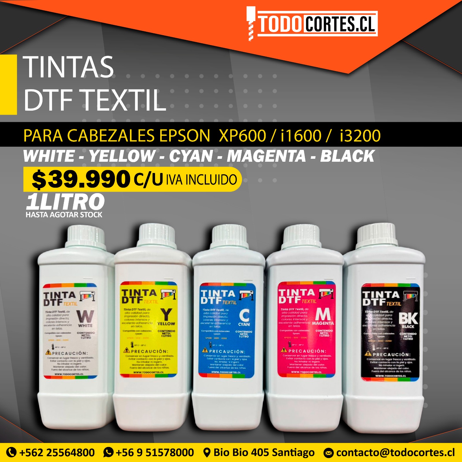 TINTAS DTF TEXTIL PARA CABEZALES EPSON XP600, I1600 E I3200 1 LITRO