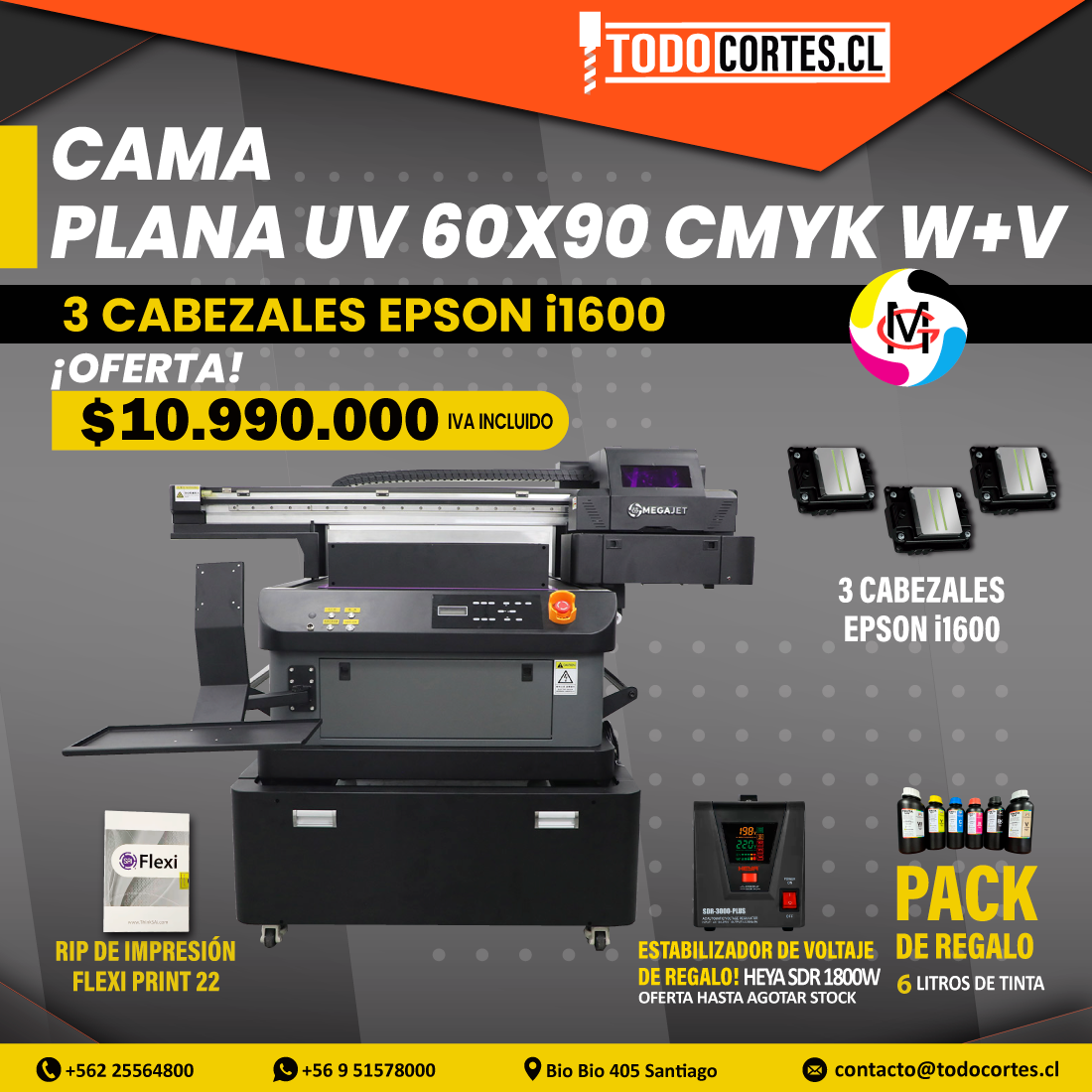 PLOTTER CAMA PLANA UV MEGAJET DE 60X90CMS CON 3 CABEZALES i1600 CMYK + W + V