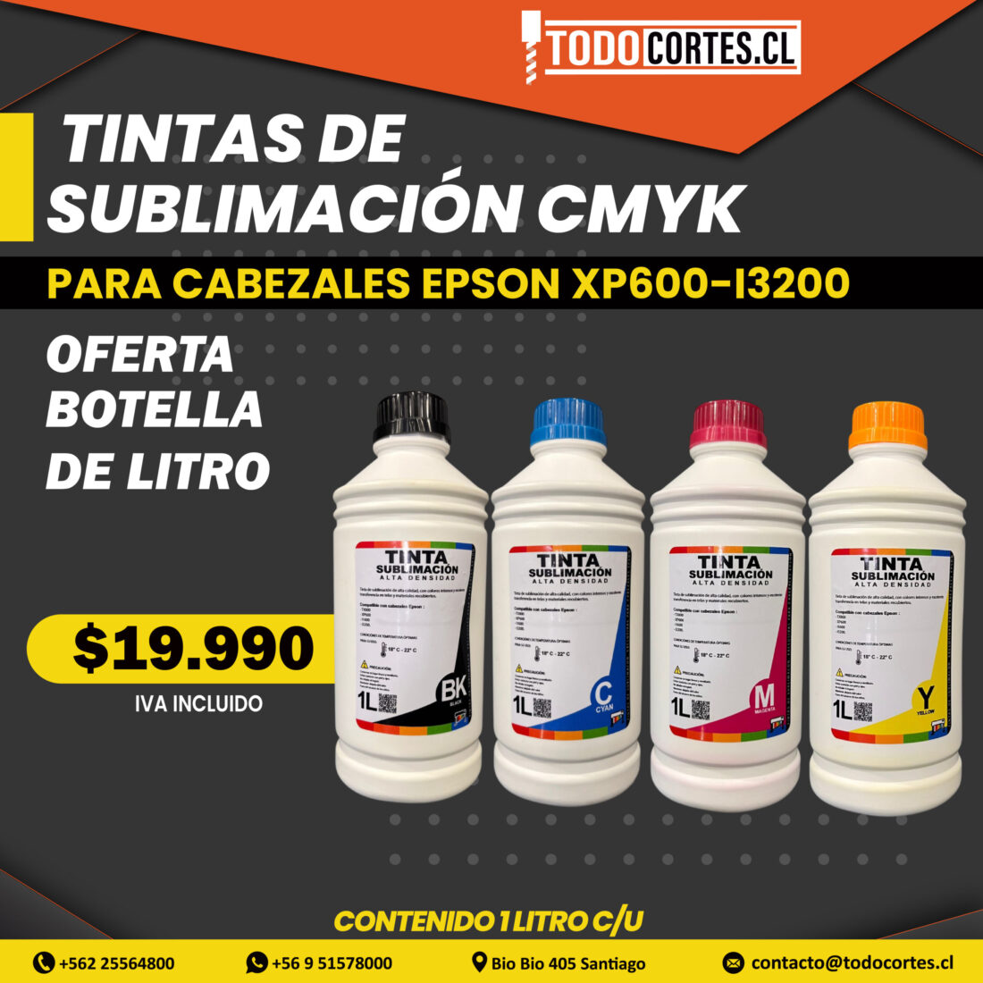 TINTA SUBLIMACION 1LT 1000 ML PARA CABEZALES EPSON XP600/I1600/I3200