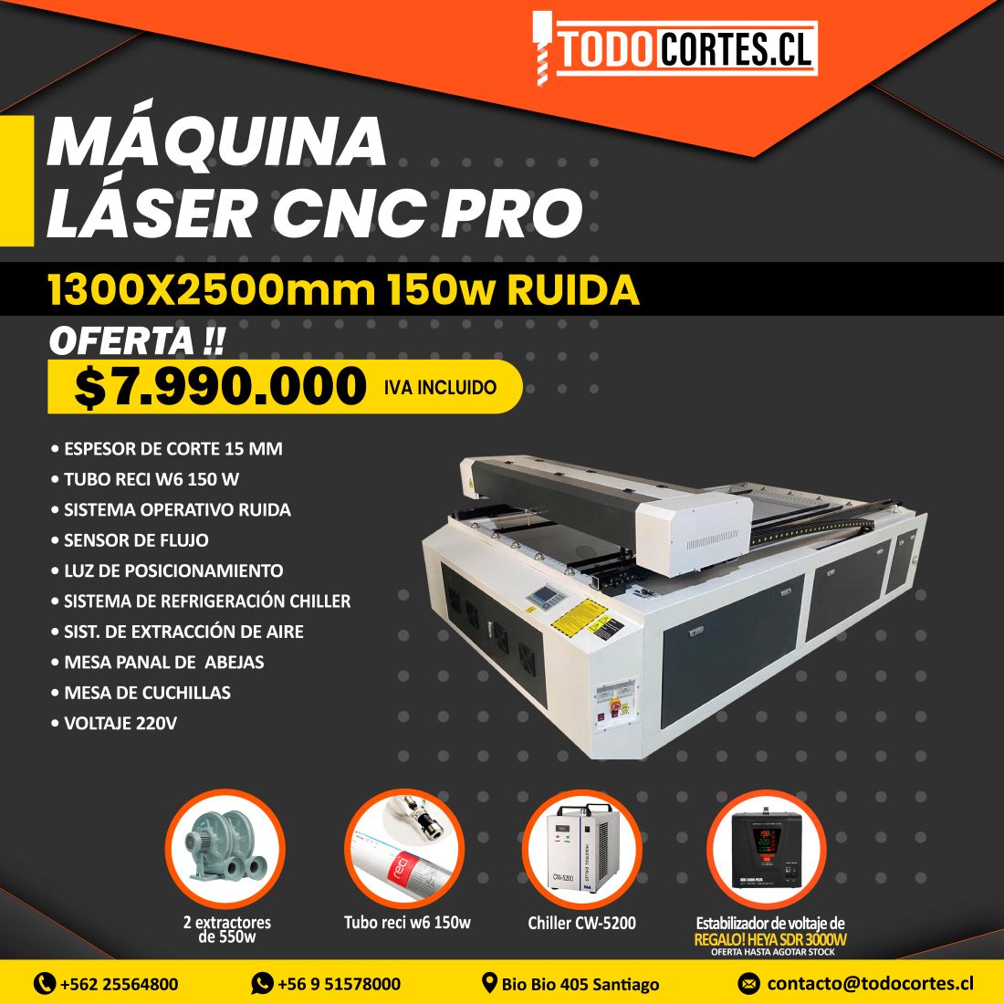 MAQUINA LÁSER CNC PARA CORTE 1300 X 2500MM 150W