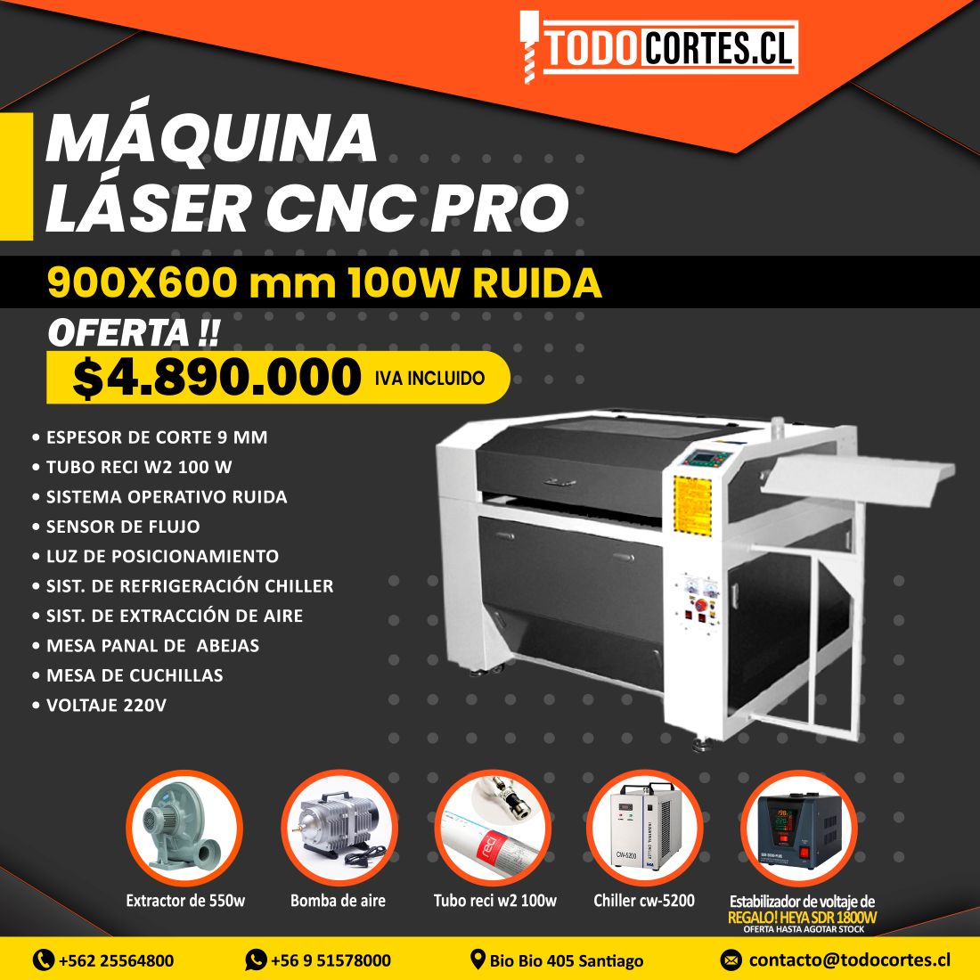 MAQUINA LÁSER CNC PARA CORTE Y GRABADO 900 X 600MM 100W LINEA PRO