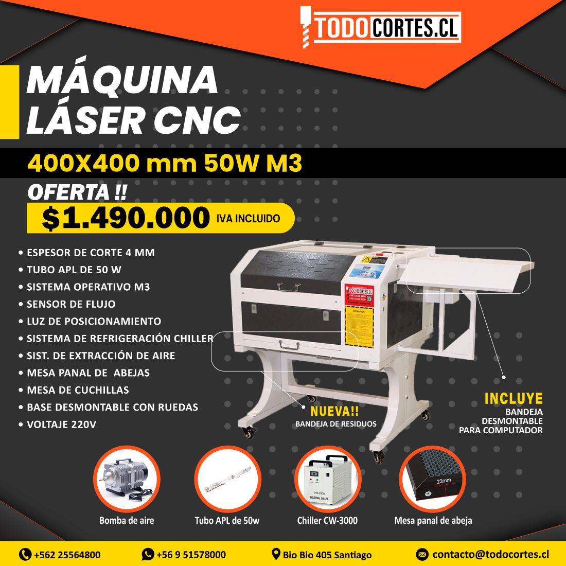 MAQUINA DE CORTE Y GRABADO LÁSER CNC 400X400MM 50W CON SISTEMA M3 Y CHILLER 3000